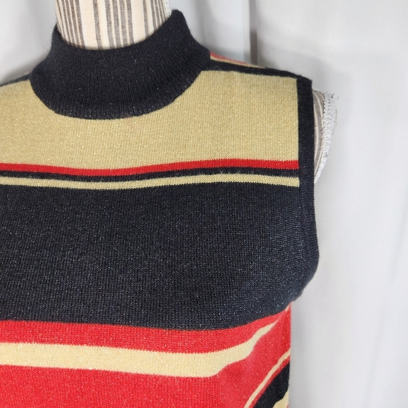 Sag Harbor Red Black Gold Stripe Sparkly Mock Turtleneck Sleeveless Top Size MP - Picture 2 of 8